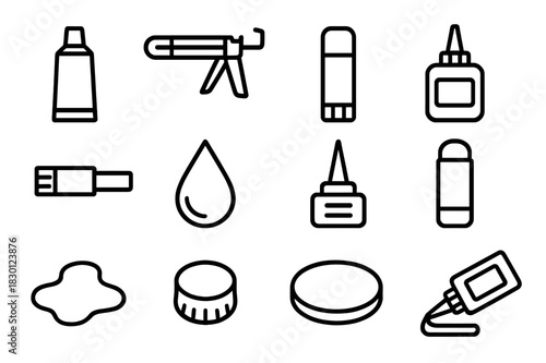 Adhesive Tools Icons. Adhesive kit. Line icon set of Adhesive kit: glue tube, caulking gun, glue stick, adhesive bottle, glue brush, glue drop, nozzle tip,