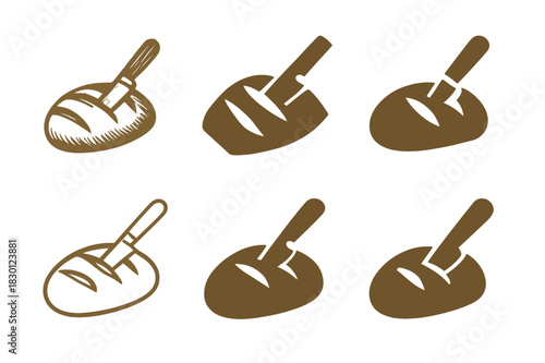 Fresh Bread Logos. fresh bread. Icon set. Set Logo of fresh bread: artisan bread with knife. harmonious logo variations of the same emblematic concept, each