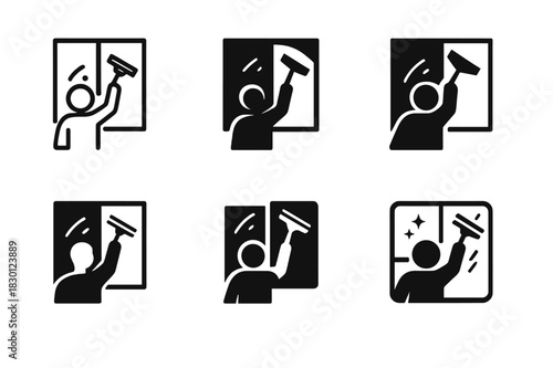 Window Cleaning Icons. washing windows. Icon set. Set Logo of washing windows: person cleaning window with squeegee. harmonious logo variations of the same