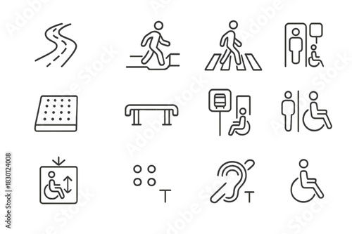 Accessible Pathways Icons Set. Accessible pathways. Line icon set of Accessible pathways: guidance path, sidewalk curb cut, pedestrian crossing, wheelchair