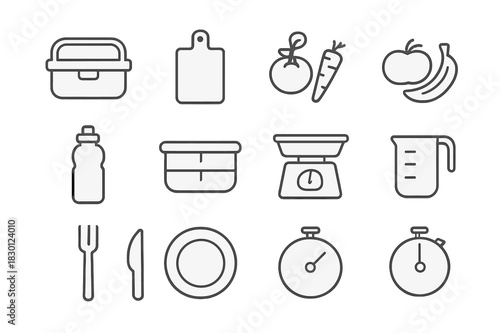 Nutritional Meal Prep Icons. Nutritional meal prep. Line icon set of nutritional meal prep: lunchbox, cutting board, knife, vegetables, fruits, water bottle,