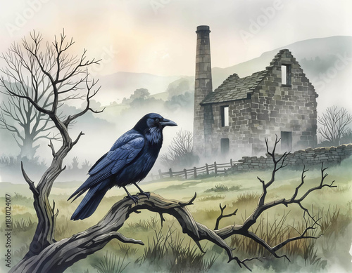 Wallpaper Mural crow perched on branches in a foggy moorland landscape landscape with a picturesque ruined mill building Torontodigital.ca