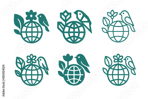 Biodiversity Conservation Logos. biodiversity conservation. Icon set. Set Logo of biodiversity conservation: globe with flora and fauna. harmonious logo
