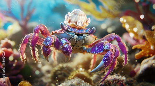 Fototapeta Naklejka Na Ścianę i Meble -  Vibrant crab with seashell adornment in coral reef