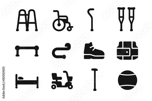 Senior Mobility Icons. Senior mobility. Solid icon set of Senior mobility: walker, wheelchair, cane, crutches, handrail, grab bar, orthopedic shoe, support