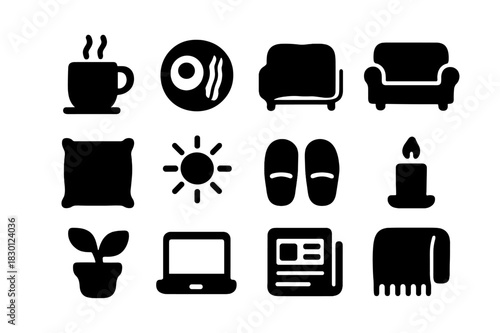 Sunday Morning Icons. Sunday morning. Solid icon set of Sunday morning: coffee cup, breakfast plate, book, sofa, pillow, sun, slippers, candle, plant, laptop,