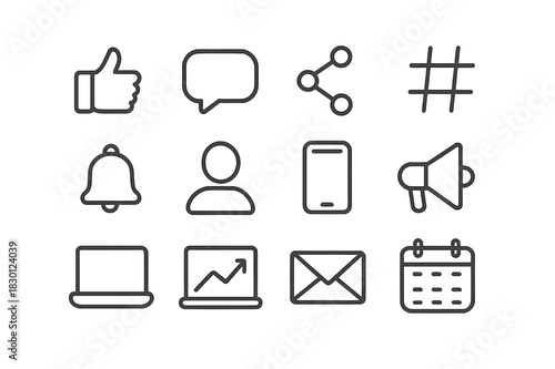 Social Media Icons. Social engagement. Line icon set of Social engagement: like button, comment bubble, share icon, hashtag, notification bell, influencer