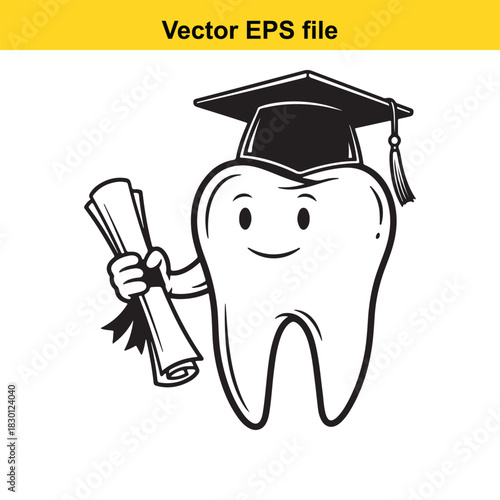 Cute cartoon molar tooth character wearing a graduation cap and holding a diploma scroll, celebrating academic achievement, isolated on white background