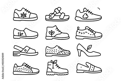 Eco Footwear Icons. Eco-friendly footwear. Line icon set of Eco-friendly footwear: hemp shoes, cork sandals, recycled sneakers, bamboo slip-ons, plant-dyed