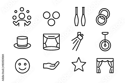 Juggling Icons Set. Juggling acts. Line icon set of juggling acts: juggler, balls, clubs, rings, hat, stage, spotlight, unicycle, smile, hand, star, curtain.