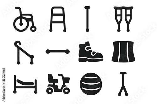 Rehabilitation Aids Icons. Rehabilitation aids. Solid icon set of Rehabilitation aids: wheelchair, walker, cane, crutches, handrail, grab bar, orthopedic shoe,