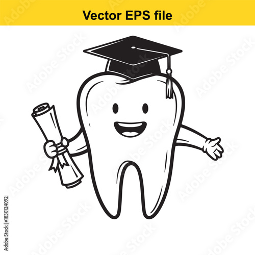 Cute cartoon molar tooth character wearing a graduation cap and holding a diploma scroll, isolated on white background