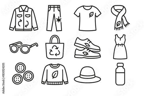 Eco Fashion Icons. Eco-conscious fashion lifestyle. Line icon set of Eco-conscious fashion lifestyle: upcycled jacket, hemp pants, organic cotton shirt,