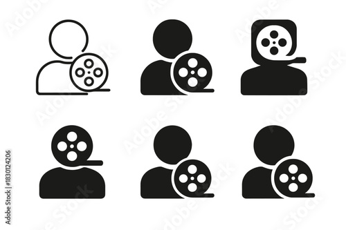 Film Logo Variations. watching a film. Icon set. Set Logo of watching a film: film reel. harmonious logo variations of the same emblematic concept, each with