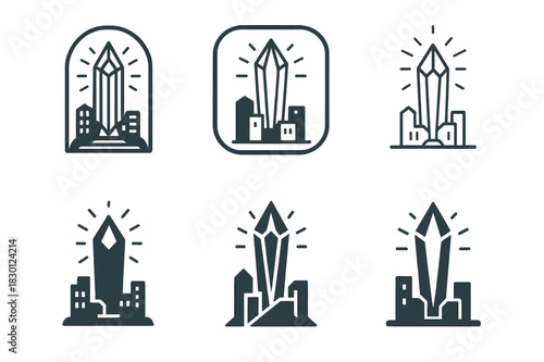 Modern Fantasy Icons. Fantasy and mythology in modern settings. Icon set. Set Logo of fantasy and mythology in modern settings: glowing crystal
