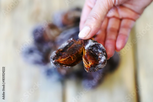 Close-up of hands holding dried persimmons, or hoshigaki.