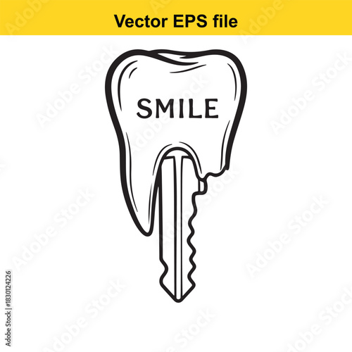 Black and white line art vector illustration of a tooth shaped like a key with the word smile engraved on the crown, isolated on white background