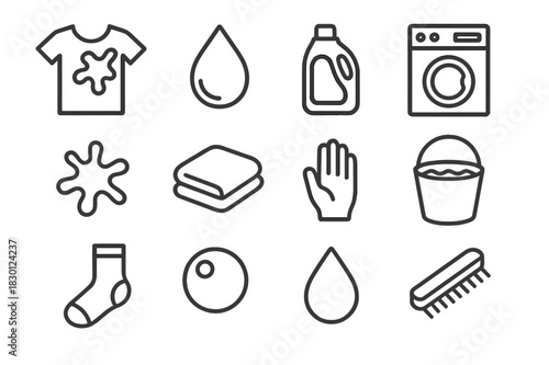 Color Run Laundry Icons. Color run laundry. Line icon set of color run laundry: t-shirt, water drop, detergent, washing machine, stain, towel, hand, bucket,