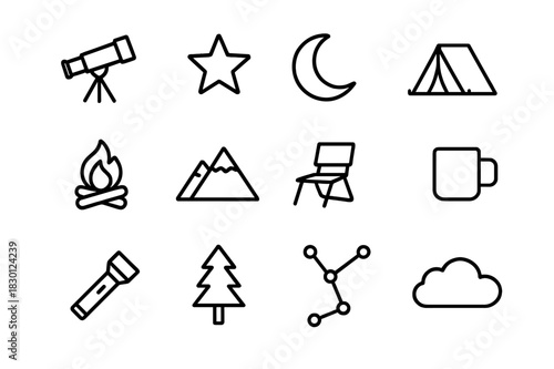 Stargazing Icon Set. Stargazing nights. Line icon set of stargazing nights: telescope, star, moon, tent, campfire, mountain, chair, mug, flashlight, tree,
