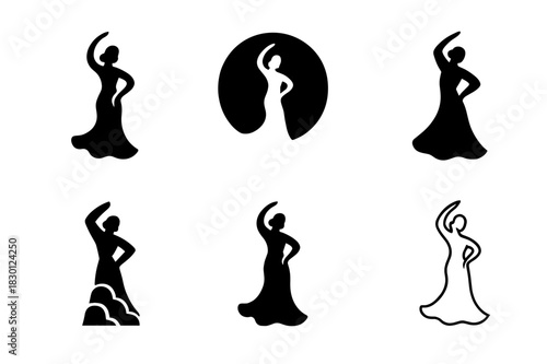 Flamenco Dance Logos. Dancing. Icon set. Set Logo of dancing: Silhouette of flamenco dancer. harmonious logo variations of the same emblematic concept, each