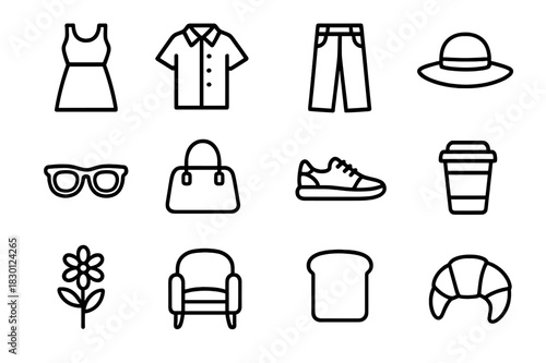 Weekend Fashion Icons. Weekend fashion style. Line icon set of weekend fashion style: dress, shirt, pants, hat, sunglasses, bag, sneakers, coffee cup, flower,