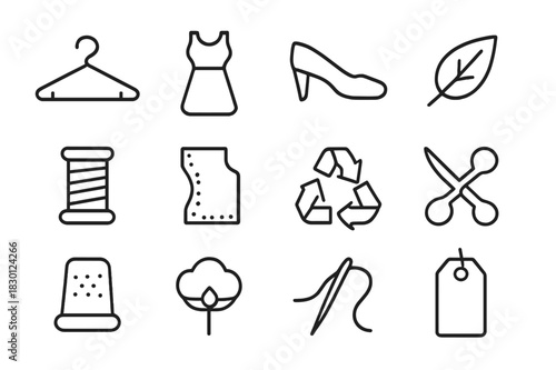 Minimalist Fashion Icon Set. Slow fashion. Line icon set of slow fashion: hanger, dress, shoe, leaf, spool, pattern, recycling symbol, scissors, thimble,