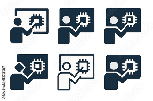 Tech Conference Logos. tech conference presentation. Icon set. Set Logo of tech conference presentation: tech slides with pointer. harmonious logo variations
