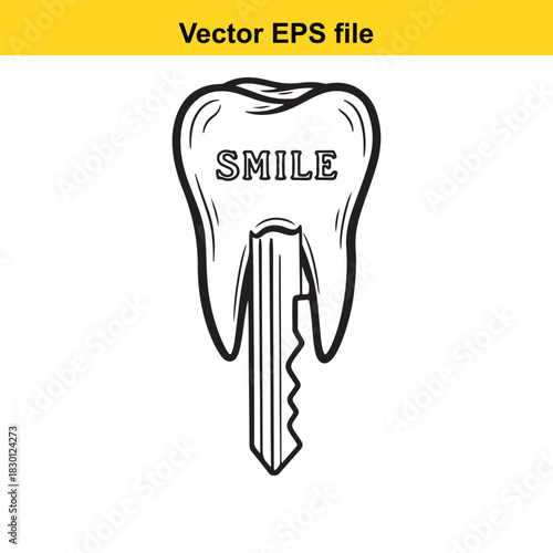 Black and white line art vector illustration of a tooth shaped like a key with the word smile engraved on the crown, isolated on white background