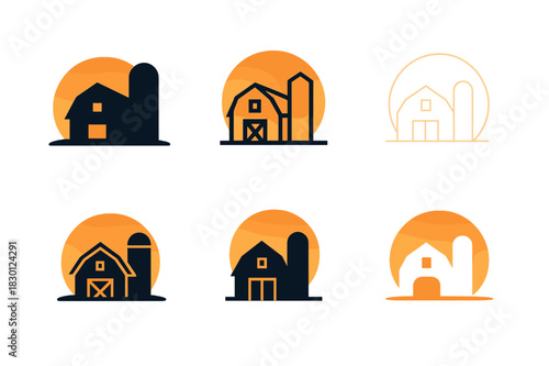 Barn Silo Logo Variations. barn and silo. Icon set. Set Logo of barn and silo: barn with silo in sunset silhouette. harmonious logo variations of the same