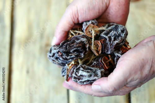 Close-up of hands holding dried persimmons, or hoshigaki.