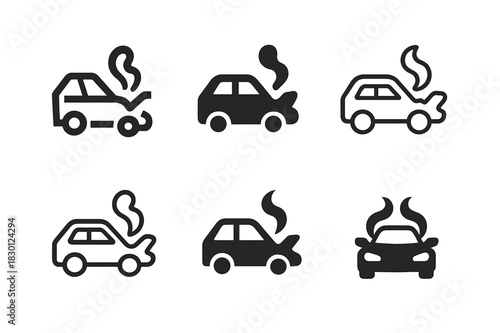 Damaged Vehicle Logos. damaged vehicles. Icon set. Set Logo of damaged vehicles: wrecked car with smoke. harmonious logo variations of the same emblematic