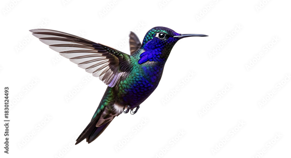 Fototapeta premium Iridescent hummingbird with vibrant blue and green plumage in flight, cutout, PNG isolated on white or transparent background