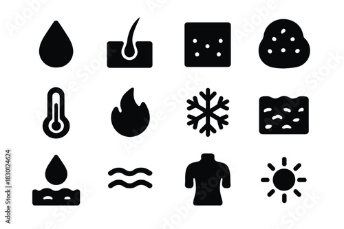 Skin Response Icons. Skin response. Solid icon set of skin response: sweat drop, hair follicle, pores, goosebumps, thermometer, flame, snowflake, skin texture,
