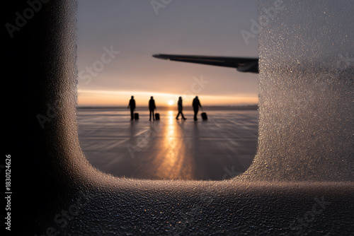 winter airport scene, winter airport travel bundled-up passengers with coats and luggage, frosty airplane window blur