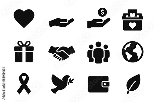 Charity Icon Set. Charity giving. Solid icon set of charity giving: heart, open hand, coin, donation box, gift, handshake, group of people, globe, ribbon,