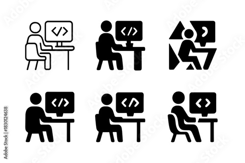 Developer Logo Variations. developer coding in a collaborative workspace. Icon set. Set Logo of developer coding in a collaborative workspace: person at desk