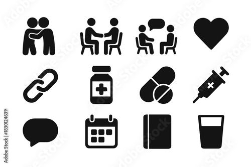 Family Support Icons. Family support. Solid icon set of Family support: supportive hug, person holding hand, counseling session, heart, broken chain, medicine
