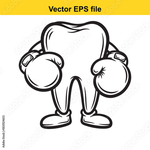Funny cartoon tooth character wearing boxing gloves and standing strong, vector illustration isolated on white background for dental health concept