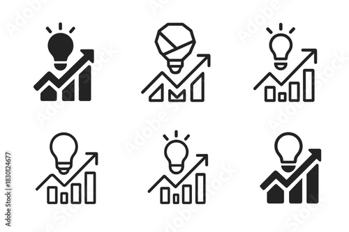 Small Business Icon Set. small business growth and challenges. Icon set. Set Logo of small business growth and challenges: rising graph with light bulb.