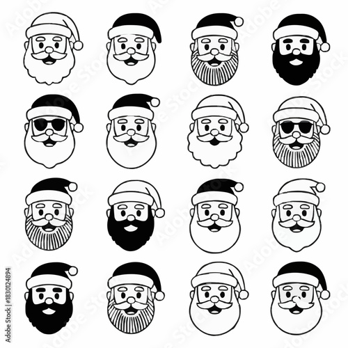 Santa Claus Head Icons and Avatars Coloring Page: Black and White Christmas Design