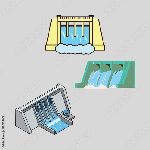 Dam diagrams showing hydroelectric power generation process suitable for educational materials, presentations, and articles on renewable energy and engineering.
