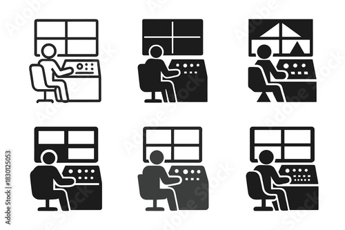 TV Control Room Logos. TV control room and technicians. Icon set. Set Logo of TV control room and technicians: broadcasting console. harmonious logo variations
