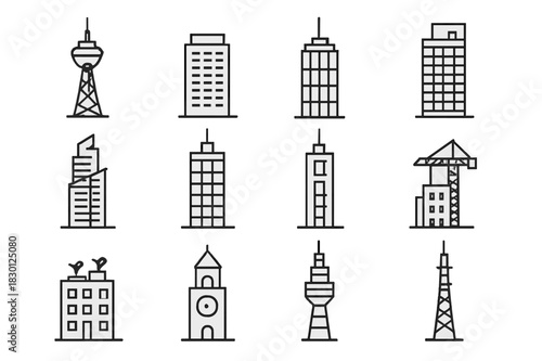 Observation Tower Icons. Observation tower. Line icon set of Observation tower: observation deck, skyscraper, office building, residential tower, mixed-use