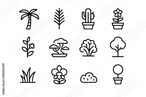 Botanical Icon Compilation. Botanical garden. Line icon set of Botanical garden: palm, fern, cactus, flowering plant, vine, bonsai, shrub, tree, grass, orchid,