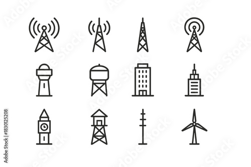 Iconic Towers Collection. Tower functions. Line icon set of Tower functions: communication tower, cellular tower, radio mast, broadcast tower, observation