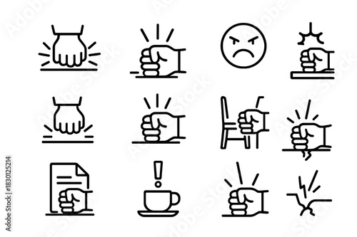 Impactful Fist Icons. Fist hitting table. Line icon set of fist hitting table: fist, table, impact lines, sound burst, hand, anger symbol, chair, paper, coffee