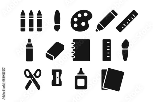 Black Art Supplies Icons. Art supplies. Solid icon set of Art supplies: crayons, paintbrush, palette, pencil, marker, eraser, sketchbook, ruler, scissors,