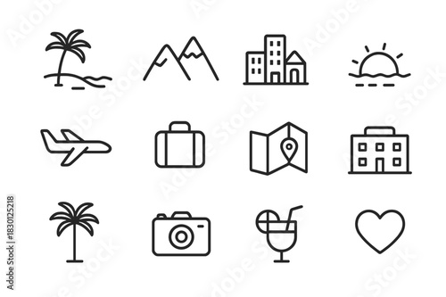 Honeymoon Icon Set. Honeymoon destinations. Line icon set of honeymoon destinations: beach, mountains, cityscape, sunset, airplane, suitcase, map, hotel, palm