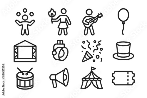 Festival Performer Icons. Festival performers. Line icon set of festival performers: juggler, fire dancer, musician, balloon, stage, light, confetti, hat,