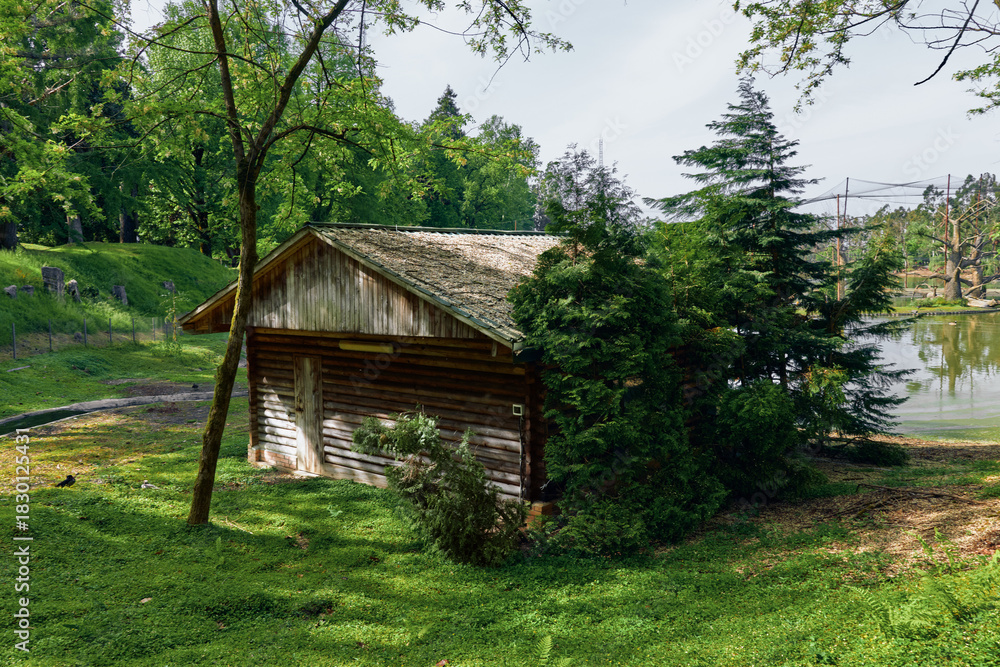 Naklejka premium Cabin boathouse lake trees grass forest scene with rustic wooden structure by water, peaceful countryside landscape, summer greenery, sunlight and reflections on the shore.